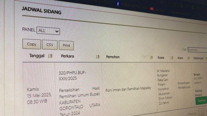 JADWAL SIDANG -- Tangkapan layar jadwal sidang PSU Gorontalo Utara di web MK RI. Permohonan dilayangkan oleh Roni Imran dan Rahmdhan Malaley (Romantis).