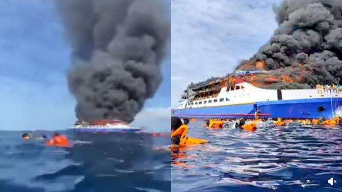 KAPAL TERBAKAR -- KM Barcelona terbakar di perairan Pulau Talise, Sulawesi Utara, Minggu (20/7/2025). Seorang penumpang membagikan momen kapal terbakar.