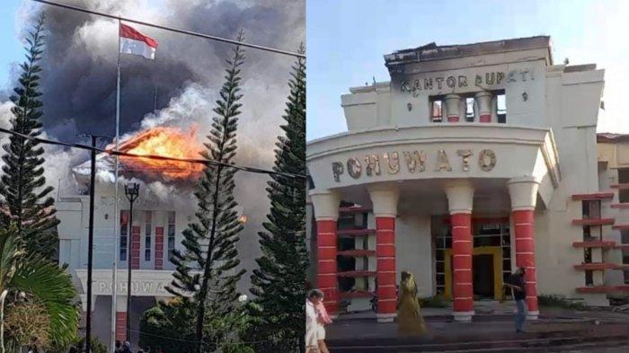 HANGUS TERBAKAR - Kantor Bupati Pohuwato, sekitar 220 km dari ibu kota Provinsi Gorontalo, saat  terbakar usai aksi demosntrasi warga, Kamis (21/9/2023).