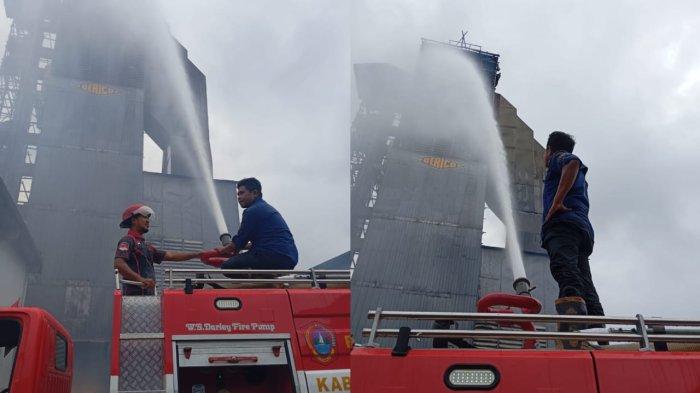 KEBAKARAN PABRIK - Foto pemadam kebakaran tengah mrmadamkan api. Sebuah Pabrik jagung di Desa Ilangata, Kecamatan Anggrek, Kabupaten Gorontalo Utara terbakar, Sabtu (26/4/2025).