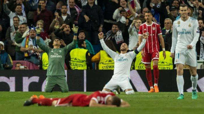 Keylor Navas dan Sergio Ramos merayakan setelah pertandingan Leg Kedua Semifinal Liga Champions UEFA antara Real Madrid dan Bayern Muenchen di Bernabeu pada 1 Mei 2018 di Madrid, Spanyol.