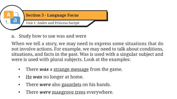 Materi verb 'was/were' untuk kunci jawaban Bahasa Inggris SMP Kelas 9 Buku English For Nusantara Kurikulum Merdeka Halaman 158-159 poin b atau Worksheet 3.4 Section 3 Language Focus, Unit 1. Andre and Princess Suripit pada Chapter 3 Journeys to the Fantasy Worlds.