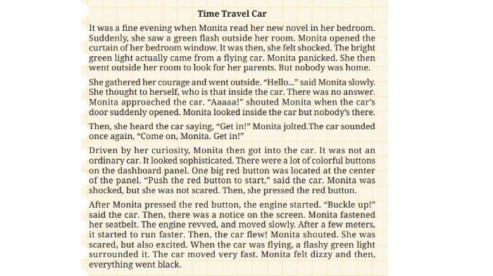 Cerita 'Time Travel Car' untuk kunci jawaban Bahasa Inggris SMP Kelas 9 Buku English For Nusantara Kurikulum Merdeka Halaman 172 poin b atau Worksheet 3.11 Section 2 Reading, Unit 2. Back to the 90s pada Chapter 3 Journeys to the Fantasy Worlds.