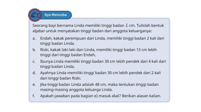 Kunci jawaban Matematika kelas 7 halaman 149 Kurikulum Merdeka. Terdapat soal terkait materi Bentuk Aljabar pada tugas Ayo Mencoba.