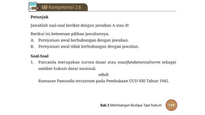 Kunci jawaban PKN SMA Kelas 10 Kurikulum Merdeka hal 119-120 Uji Kompetensi 2.6 Bab 2 tentang Hubungan Pancasilan dengan Peraturan Perundang-undangan.