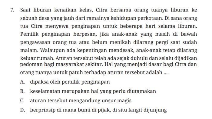 Kunci jawaban PKN untuk SMP Kelas 7 buku Pendidikan Pancasila Kurikulum Merdeka Bab 3 Patuh Terhadap Norma: Uji Kompetensi Bagian A Soal Pilihan Ganda atau Pilgan halaman 97-100.