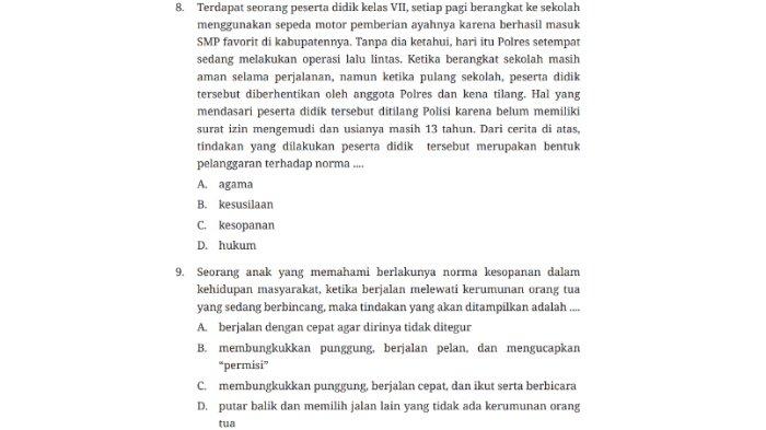 Kunci jawaban PKN untuk SMP Kelas 7 buku Pendidikan Pancasila Kurikulum Merdeka Bab 3 Patuh Terhadap Norma: Uji Kompetensi Bagian A Soal Pilihan Ganda atau Pilgan halaman 97-100.
