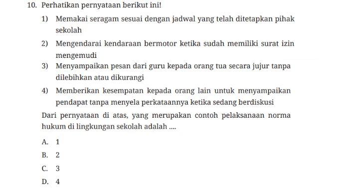 Kunci jawaban PKN untuk SMP Kelas 7 buku Pendidikan Pancasila Kurikulum Merdeka Bab 3 Patuh Terhadap Norma: Uji Kompetensi Bagian A Soal Pilihan Ganda atau Pilgan halaman 97-100.