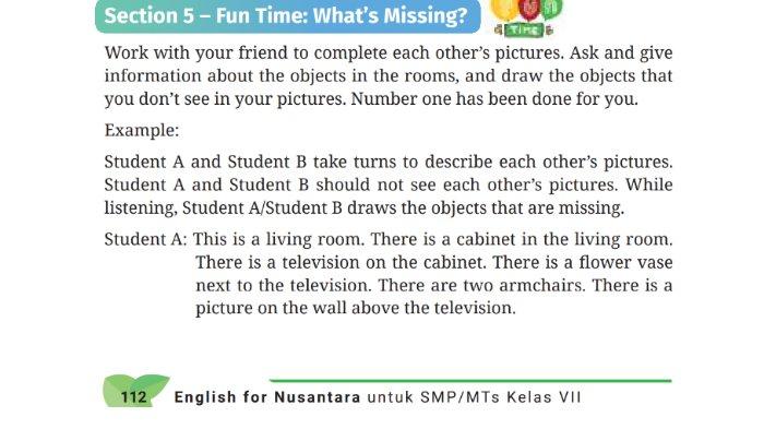 Soal Worksheet 3.9  untuk kunci jawaban Bahasa Inggris SMP Kelas 7 Buku English For Nusantara Kurikulum Merdeka Halaman 112-113 Section 5 Fun Time: What's Missing? Unit 1 My House pada Chapter 3 Home Sweet Home.