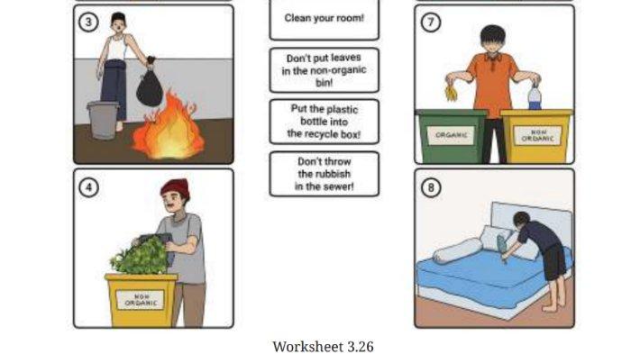 Worksheet 3.26 untuk kunci jawaban Bahasa Inggris SMP Kelas 7 Buku English For Nusantara Kurikulum Merdeka Halaman 136 poin c Section 3 Reading Unit 3 Let's Clean Up pada Chapter 3 Home Sweet Home.