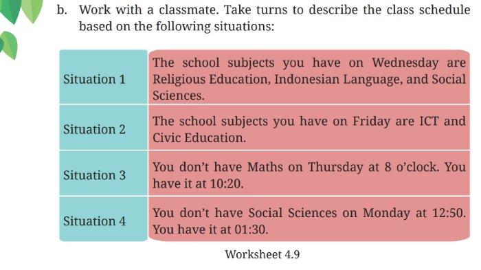 Soal Worksheet 4.9 untuk kunci jawaban Bahasa Inggris SMP Kelas 7 Buku English For Nusantara Kurikulum Merdeka Halaman 166 poin b Section 6 Language Focus Unit 1 My Class Schedule pada Chapter 4 My School Activities.