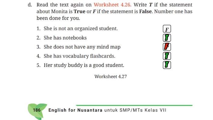 Kunci jawaban Bahasa Inggris SMP Kelas 7 Buku English For Nusantara Kurikulum Merdeka Halaman 186 poin d atau Worksheet 4.27 Section 2 Reading Unit 3 My Study Habits pada Chapter 4 My School Activities.