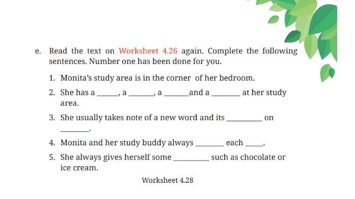 Soal Worksheet 4.28 untuk kunci jawaban Bahasa Inggris SMP Kelas 7 Buku English For Nusantara Kurikulum Merdeka Halaman 187 poin 3 Section 2 Reading Unit 3 My Study Habits pada Chapter 4 My School Activities.