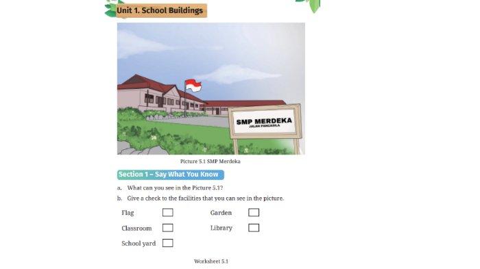 Worksheet 5.1 untuk kunci jawaban Bahasa Inggris SMP Kelas 7 Buku English For Nusantara Kurikulum Merdeka Halaman 205 poin b Unit 1 School Buildings, Section 1 Say What You Know pada Chapter 5 This is My School.
