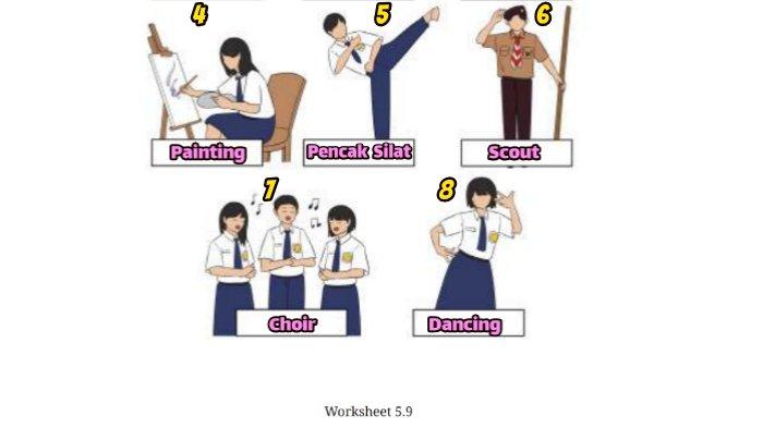 Kunci jawaban Bahasa Inggris untuk SMP Kelas 7 Buku English For Nusantara Kurikulum Merdeka Halaman 220 poin a atau Worksheet 5.9 Section 2 Viewing and Speaking, Unit 2 Extracurricular Activities pada Chapter 5 This is My School.