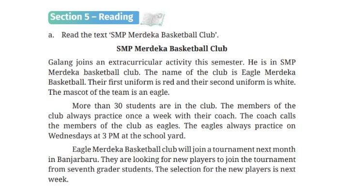 Text 'SMP Merdeka Basketball Club' untuk kunci jawaban Bahasa Inggris SMP Kelas 7 Buku English For Nusantara Kurikulum Merdeka Halaman 226 poin b atau Worksheet 5.13 Section 5 Reading, Unit 2 Extracurricular Activities pada Chapter 5 This is My School.