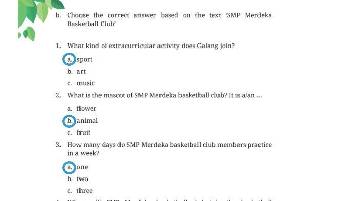 Kunci jawaban Bahasa Inggris untuk SMP Kelas 7 Buku English For Nusantara Kurikulum Merdeka Halaman 226 poin b atau Worksheet 5.13 Section 5 Reading, Unit 2 Extracurricular Activities pada Chapter 5 This is My School.