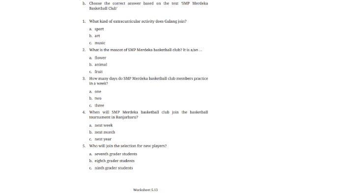 Soal Worksheet 5.13 untuk Bahasa Inggris SMP Kelas 7 Buku English For Nusantara Kurikulum Merdeka Halaman 226 poin b Section 5 Reading, Unit 2 Extracurricular Activities pada Chapter 5 This is My School.