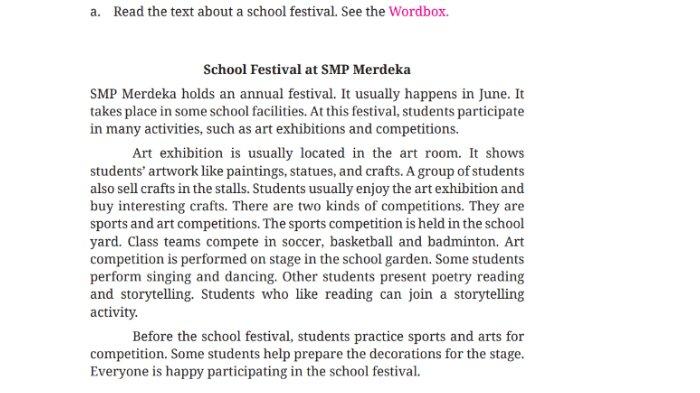 Text poin a 'School Festival at SMP Merdeka' untuk kunci jawaban Bahasa Inggris SMP Kelas 7 Buku English For Nusantara Kurikulum Merdeka Halaman 233 poin c atau Worksheet 5.15 Section 2 Reading, Unit 3 School Festival pada Chapter 5 This is My School.