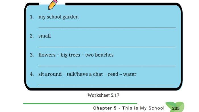 Worksheet 5.17 untuk kunci jawaban Bahasa Inggris untuk SMP Kelas 7 Buku English For Nusantara Kurikulum Merdeka Halaman 235 poin b Section 3 Language Focus, Unit 3 School Festival pada Chapter 5 This is My School.