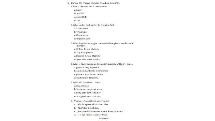 Worksheet 3.2 untuk kunci jawaban Bahasa Inggris SMP Kelas 8 Buku English For Nusantara Kurikulum Merdeka Halaman 135 poin b Section 2 Listening, Unit 1 Look Around You pada Chapter 3 Love Our World.