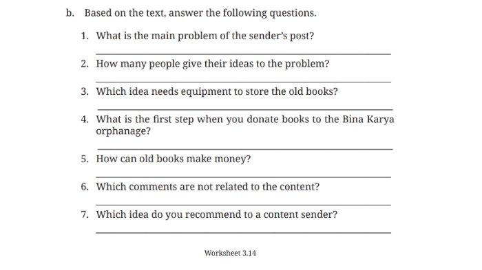 Soal Worksheet 3.14 untuk kunci jawaban Bahasa Inggris SMP Kelas 8 Buku English For Nusantara Kurikulum Merdeka Halaman 160 poin b Section 6 Your Turn: Reading, Unit 2 This is the Way pada Chapter 3 Love Our World.