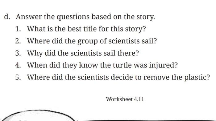 Worksheet 4.11 untuk kunci jawaban Bahasa Inggris untuk SMP Kelas 8 Buku English For Nusantara Kurikulum Merdeka Halaman 211 poin d Section 3 Reading, Unit 2 What Happened to the Sea Animals pada Chapter 4 No Littering.