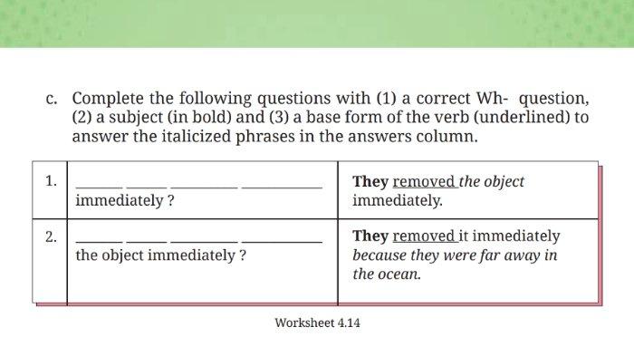 Worksheet 4.14 untuk kunci jawaban Bahasa Inggris SMP Kelas 8 Buku English For Nusantara Kurikulum Merdeka Halaman 214 poin c Section 4 Language Focus, Unit 2 What Happened to the Sea Animals pada Chapter 4 No Littering.
