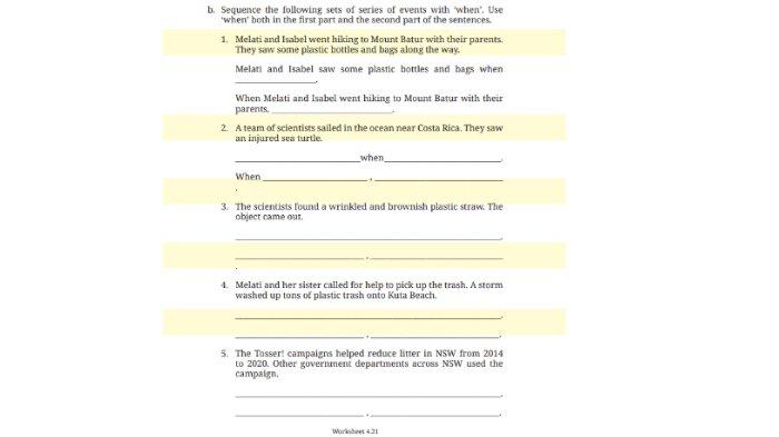 Worksheet 4.21 untuk kunci jawaban Bahasa Inggris SMP Kelas 8 Buku English For Nusantara Kurikulum Merdeka Halaman 225 poin b Section 3 Language Focus, Unit 3 You Can Help pada Chapter 4 No Littering.
