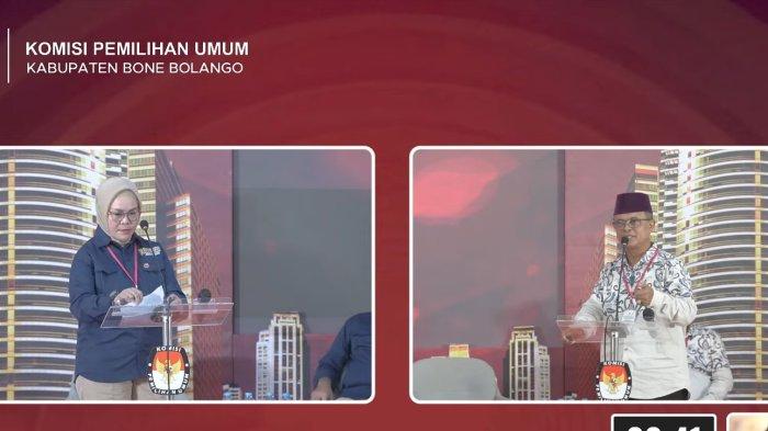 Merlan Uloli (kiri) dan Ishak Ntoma menjawab pernyataan Amran Mustapa dalam debat Pilkada Bone Bolango segmen kedua, Minggu (17/11/2024).