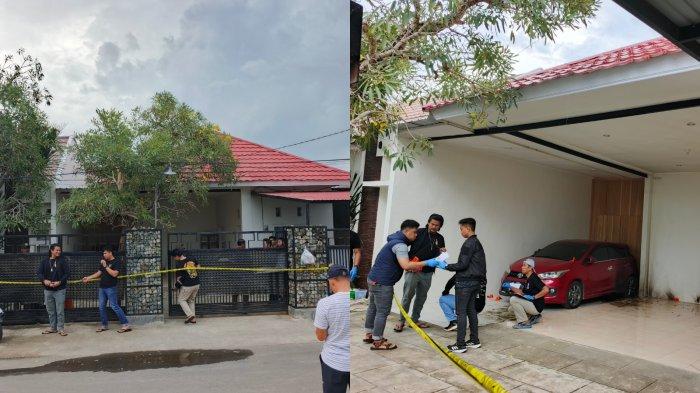 RUMAH DILEMPARI MOLOTOV - Potret personel Polresta Gorontalo Kota saat olah TKP di rumah Senior Manajer PT Gorontalo Minerals, Senin (12/5/2025) siang. (Sumber Foto: TribunGorontalo.com/ Arianto Panambang).