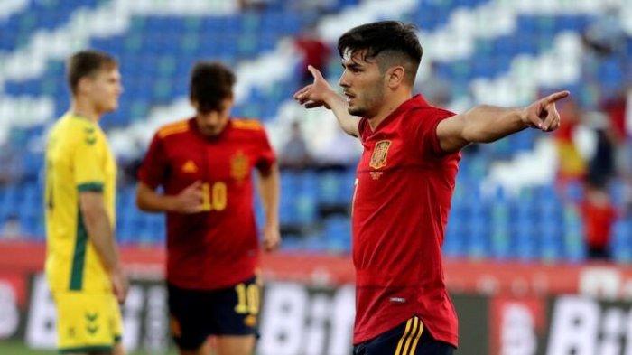 Selebrasi Brahim Diaz saat mencetak gol dalam kemenangan Spanyol melawan Lithuania, laga persahabatan pada 9 Juni 2021.