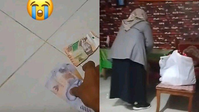 LEMPAR ONGKOS - Seorang driver ojol memungkut uang ongkos (kiri) yang dilempar oleh penumpang (kanan). Driver tersebut sampai istghfar, Senin (23/6/2025).