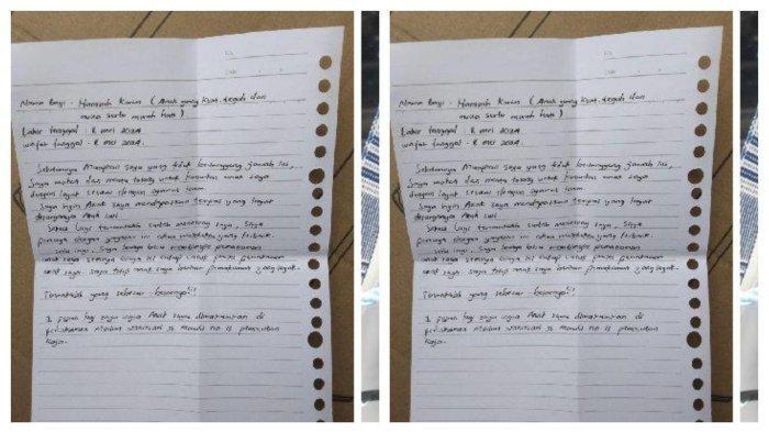 Surat yang ditemukan di sekitar jenazah bayi di bak mobil pick up pada 10 Mei 2024 berpesan agar dimakamkan di Pemakaman Muslim, Dusun Wanasari (Kampung Jawa) Denpasar, Bali. (ist)