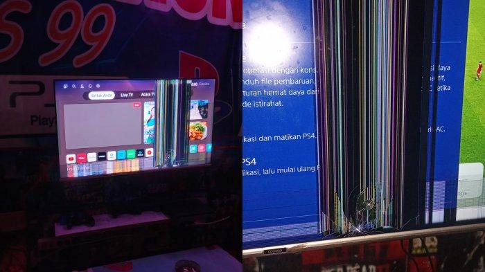 TERKENA PANAH - Kondisi monitor televisi yang rusak terkena panah wayer. Sebuah rental PS di Desa Talango, Kecamatan Kabila, Kabupaten Bone Bolango, mengalami serangan panah wayer dari orang tak dikenal pada Kamis (29/5/2025) dini hari.