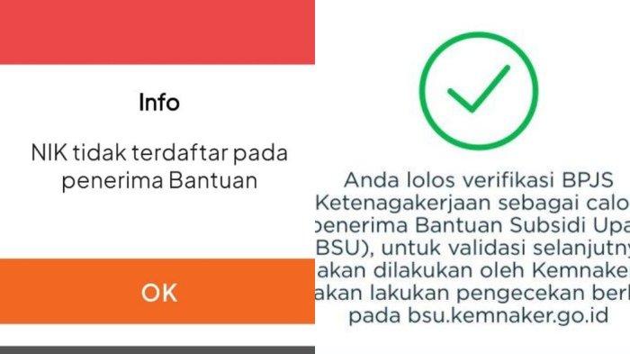 STATUS BSU BERBEDA - Tangkapan layar aplikasi Pospay dan bsuketenagakerjaan.go.id. Pekerja mengeluhkan perbedaan status penerima BSU di aplikasi Pospay.