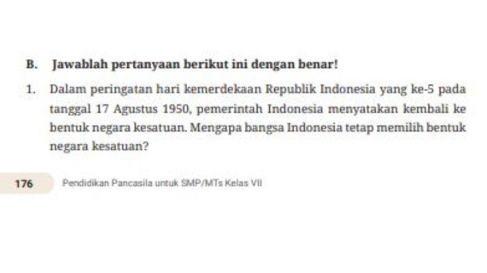 Tugas 'Uji Kompetensi' Esai Nomor 1 dalam buku paket halaman 176 mata pelajaran Pendidikan Pancasila kelas 7 SMP/MTs Kurikulum Merdeka.