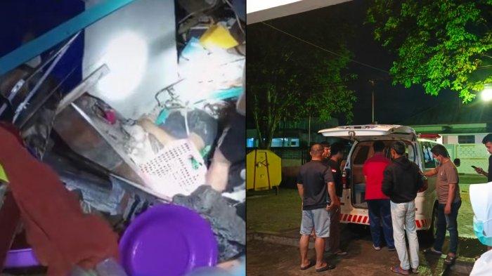 Warga Kelurahan Botu Kota Gorontalo berusaha menyelamatkan Mega Tajuju bersama Abdurrahman Daud (foto kiri). Pasutri tersebut tertimbun reruntuhan bangunan rumah akibat tanah longsor pada Selasa (17/12/2024). Keduanya langsung dievakuasi ke RSUD Aloe Saboe (foto kanan).