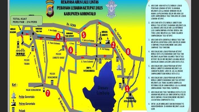 LEBARAN KETUPAT - Peta rekayasa lalu lintas saat Lebaran Ketupat, Minggu (6/4/2025). Lukman mengatakan ada tiga jalur yang digunakan untuk menuju kampung Jawa di Kabupaten Gorontalo