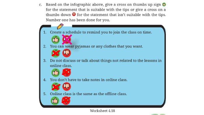 Kunci jawaban Bahasa Inggris SMP Kelas 7 Buku English For Nusantara Kurikulum Merdeka Halaman 177 poin c atau Worksheet 4.18 Section 3 Reading and Viewing Unit 2 My Online Class pada Chapter 4 My School Activities.