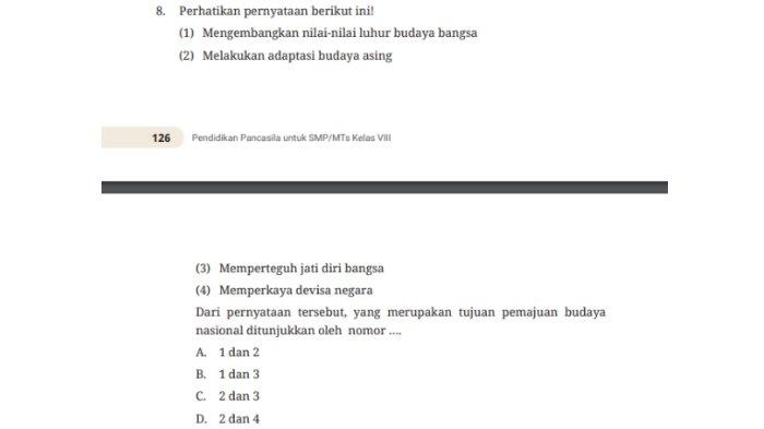 Tugas 'Uji Kompetensi' Pilihan Ganda Nomor 8 dalam buku paket halaman 126-127 mata pelajaran Pendidikan Pancasila kelas 8 SMP/MTs Kurikulum Merdeka.
