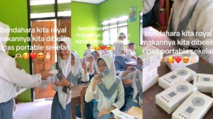 Tangkapan layar video viral siswa SMA Ngawi bagi-bagi kipas portable.
