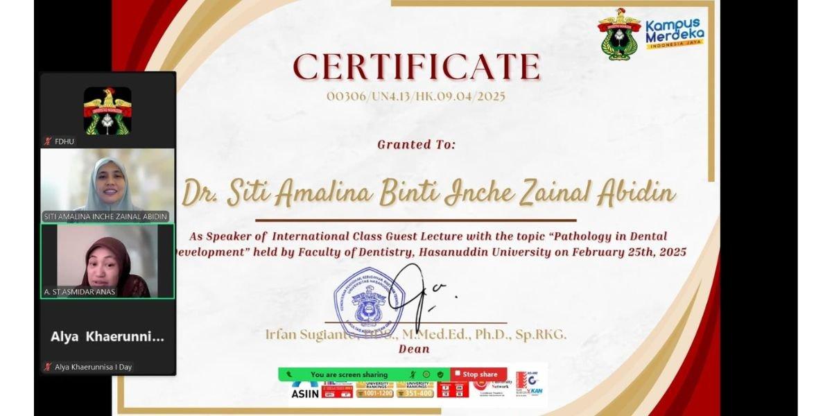 FKG Unhas selenggarakan kuliah tamu dan menghadirkan pembicara Dr. Siti Amalina Binti Inche Zainal Abidin dari University Malaya, Malaysia.