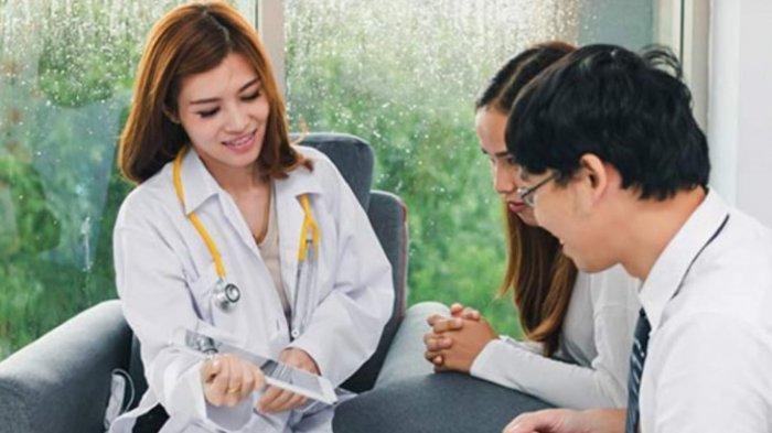 ilustrasi pasang suami istri yang sedang melakukan konsultasi dengan dokter