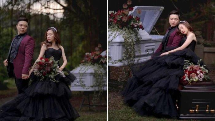 Pasangan melakukan foto wedding di pemakaman