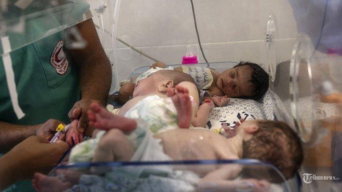 Petugas medis Palestina merawat bayi prematur yang dievakuasi dari rumah sakit Al Shifa ke rumah sakit Emirates di Rafah di Jalur Gaza selatan, pada 19 November 2023, di tengah pertempuran yang sedang berlangsung antara Israel dan kelompok militan Hamas. Seorang pejabat tinggi kesehatan di Jalur Gaza yang dikuasai Hamas mengatakan seluruh 31 bayi prematur di rumah sakit Al-Shifa telah dievakuasi pada 19 November dari fasilitas yang digambarkan WHO sebagai zona kematian.