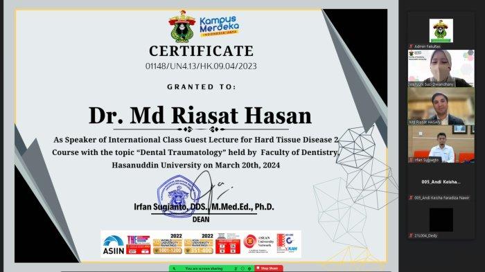 FKG Unhas kembali menggelar kuliah tamu pada Program kelas Internasional dan menghadirkan pemateri dai University of Hokkaido Japan.