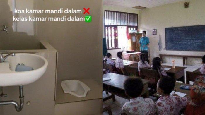 Penampakan toilet di dalam ruang kelas yang viral di media sosial (KIRI) / Ilustrasi suasana pembelajaran di ruang kelas (KANAN)