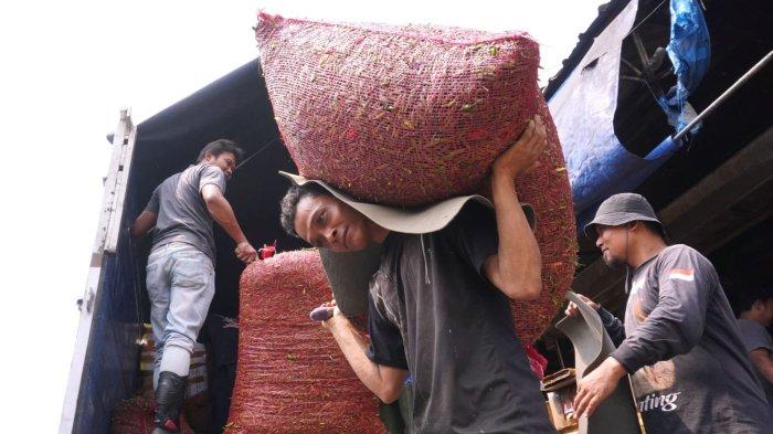 Seorang kuli angkut memikul satu karung cabai rawit dari truk ke lapak sayuran pembeli di Pasar Induk Caringin, Jalan Soekarno Hatta, Kota Bandung, Jawa Barat, Selasa (31/10/2023).
