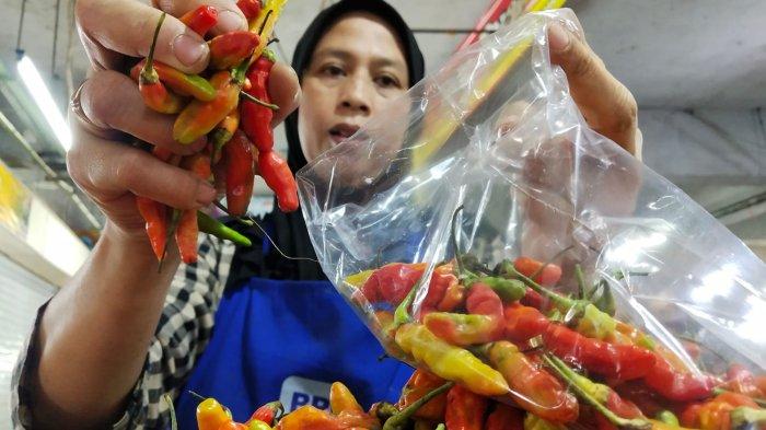 Pedagang Imas Neni (48) memasukan cabai rawit domba ke dalam plastik di Pasar Kosambi, Jalan Ahmad Yani, Kota Bandung, Jawa Barat, Senin (6/11/2023).